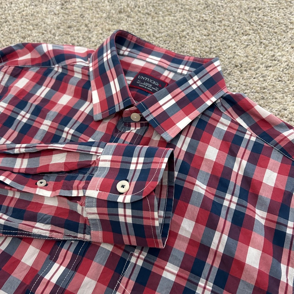 UNTUCKit Navarro Shirt Large Red Plaid Cotton Tencel Long Sleeve UT-14-35569